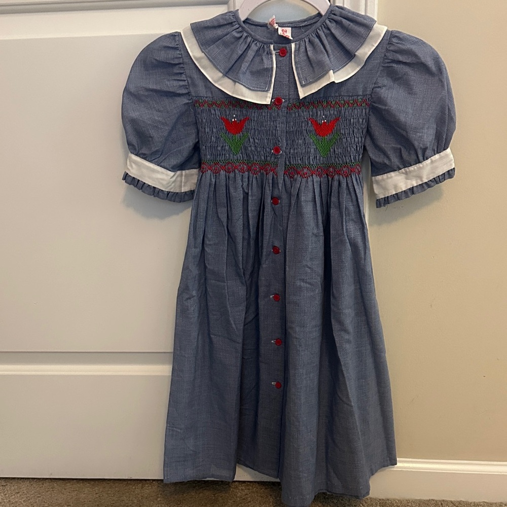 Orient Express Blue Checkered Dress with Red Button little girls dress.